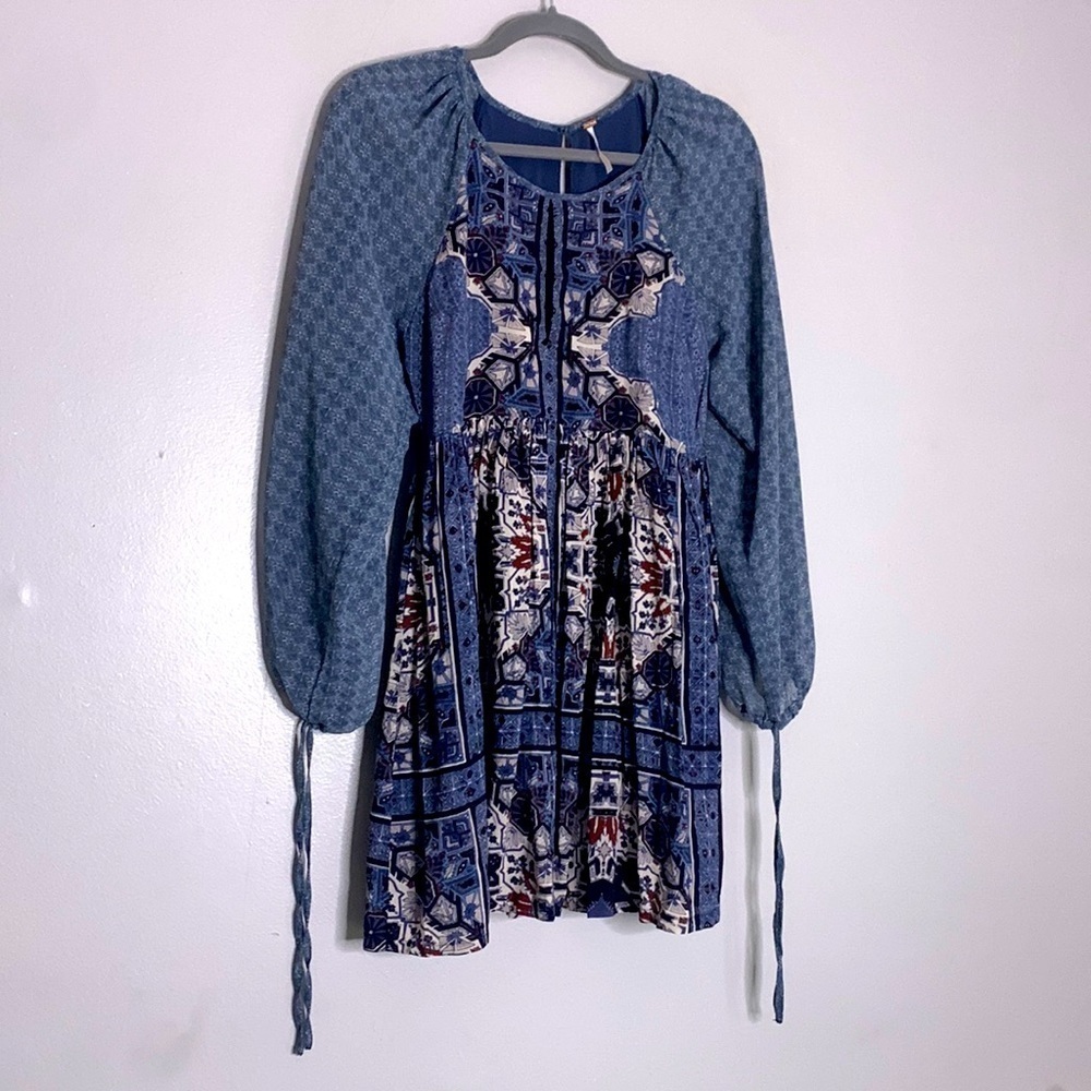 FREE PEOPLE bohemian country long sleeve print mini dress women’s 0 oversized xs